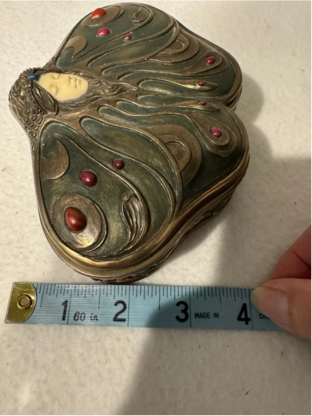 Veronese Art Nouveau Style Butterfly Princess Jewelry Box Brass Green Red
